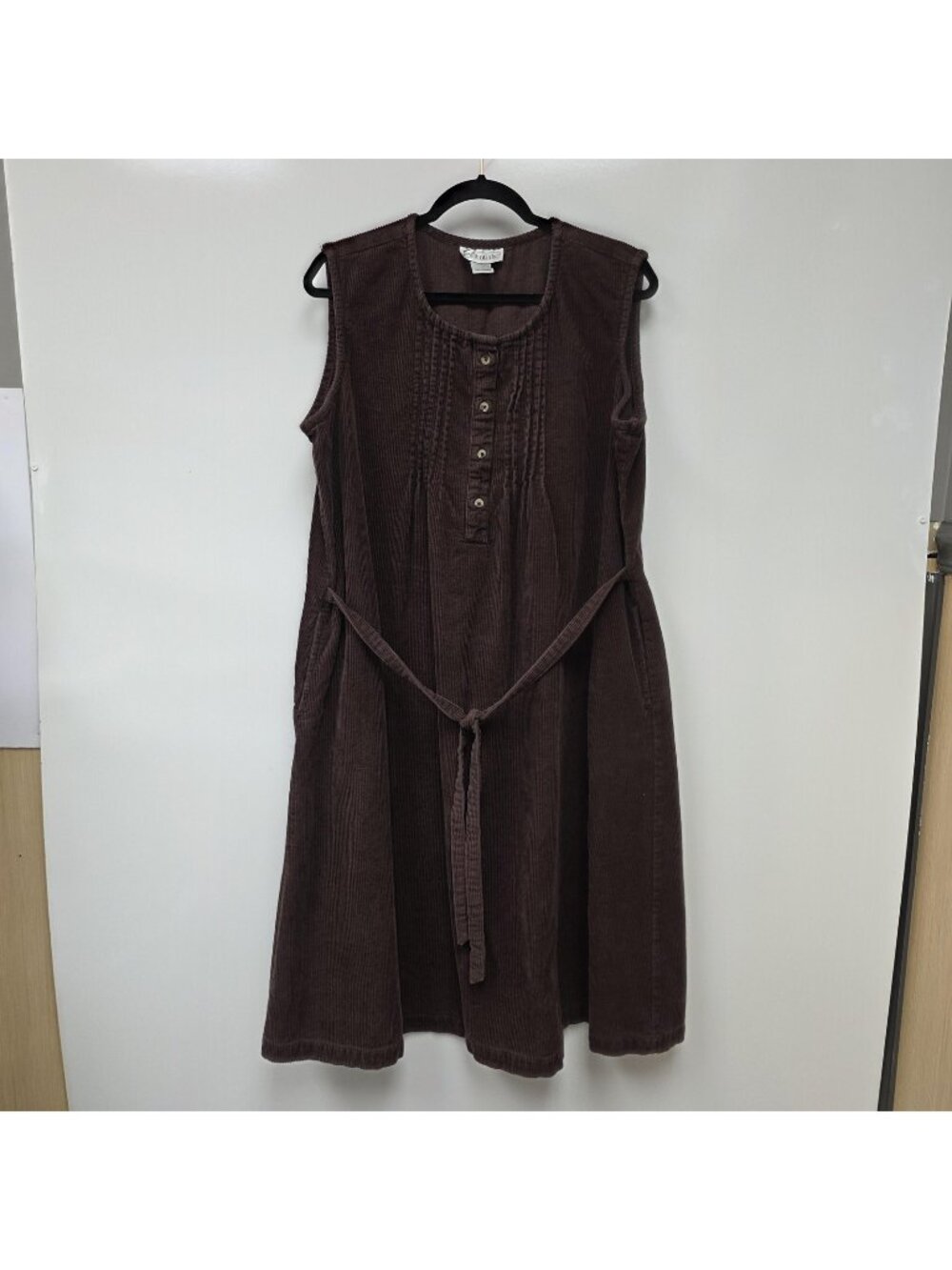 Essentials Dress Womens 1X Brown Corduroy Sleeveless Belted Shift Pockets Tunic